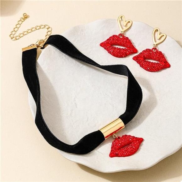 Rhinestone Lip Earrings and Necklace Jewelry Set - Picture 2 of 11